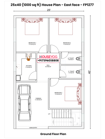 25x40 East Facing 3BHK House Plan with Parking (1000 Sq Ft, Single Floor)