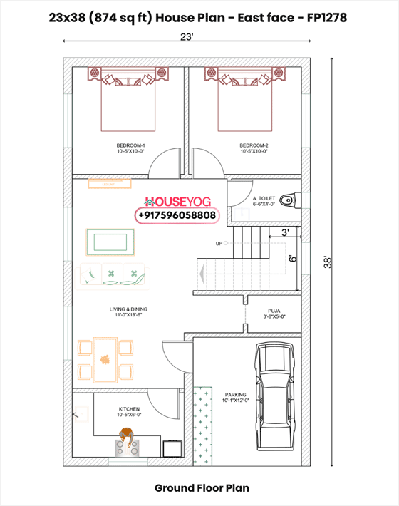 23x38 East Facing 2BHK House Plan with Parking & Puja (874 Sq Ft, Spacious Hall)