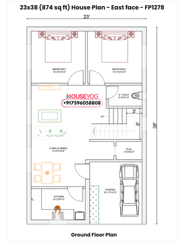 23x38 East Facing 2BHK House Plan with Parking & Puja (874 Sq Ft, Spacious Hall)