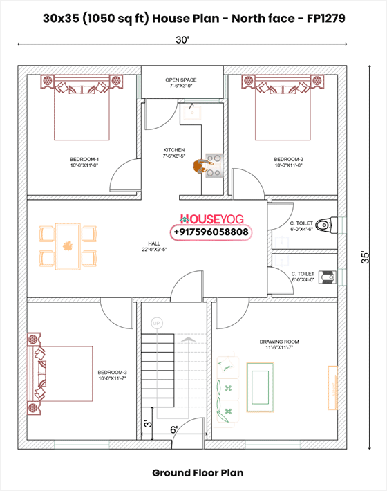 30x35 North Facing 3BHK House Plan (1050 Sq Ft) - 4 Room Single Floor Layout