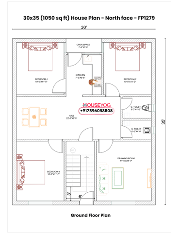 30x35 Single Floor 3 BHK North Facing Indian House Plan