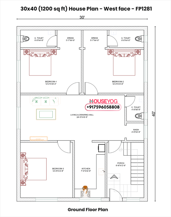 30x40 West Facing 3BHK House Plan with 3 Bathrooms & Attached Dressers (1200 Sq Ft)