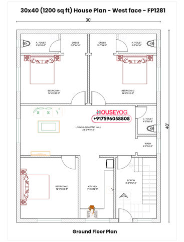 30x40 Single Floor 3 BHK West Facing Indian House Plan