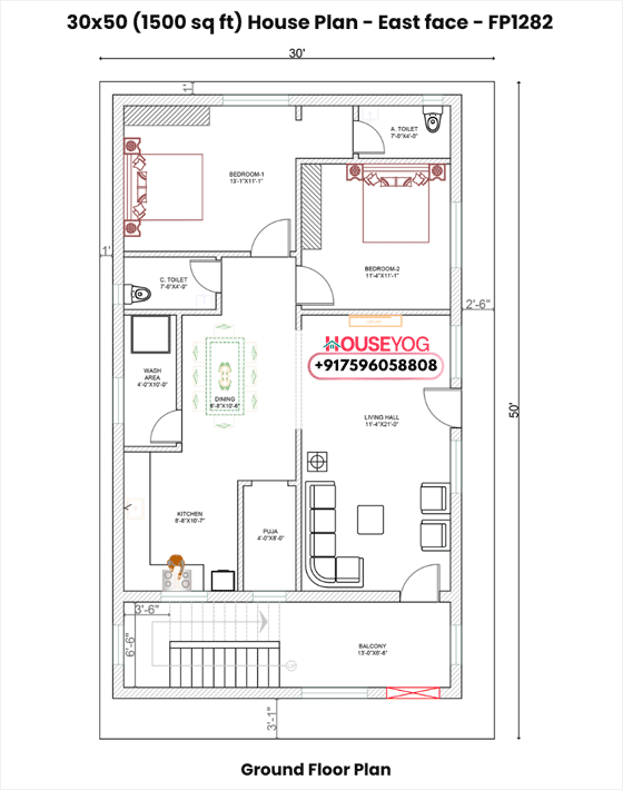 30x50 East Facing 2BHK House Plan (1500 Sq Ft) with Puja & Verandah