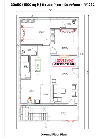 30x50 Single Floor 2 BHK East Facing Indian House Plan