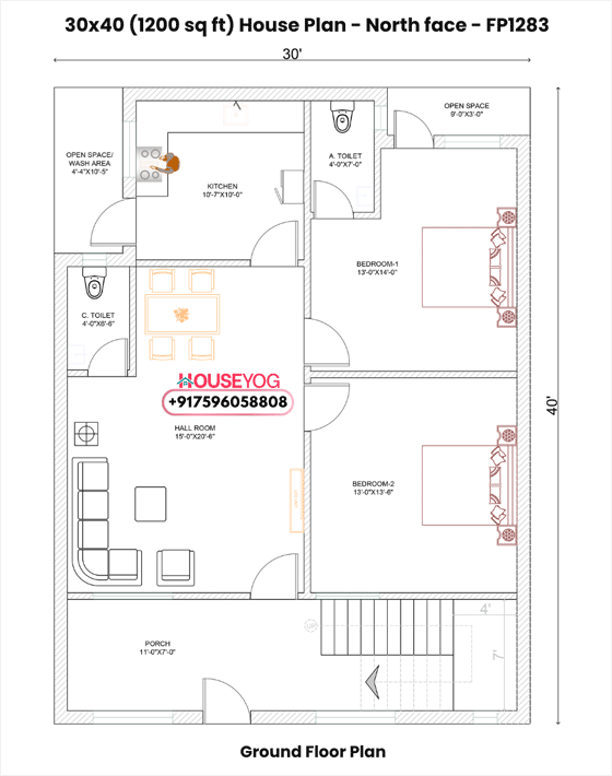 30x40 North Facing 2BHK House Plan (1200 Sq Ft) – Modern Single Floor Layout with Porch & Spacious Hall