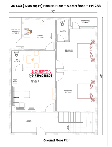 30x40 North Facing 2BHK House Plan (1200 Sq Ft) – Modern Single Floor Layout with Porch & Spacious Hall