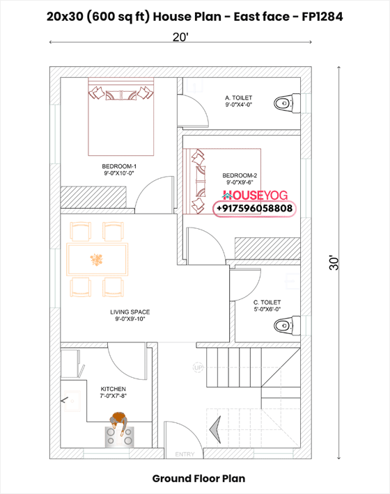 20x30 East Facing 2BHK House Plan with Front Stairs (600 Sq Ft)