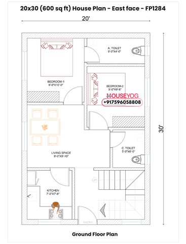 20x30 East Facing 2BHK House Plan with Front Stairs (600 Sq Ft)