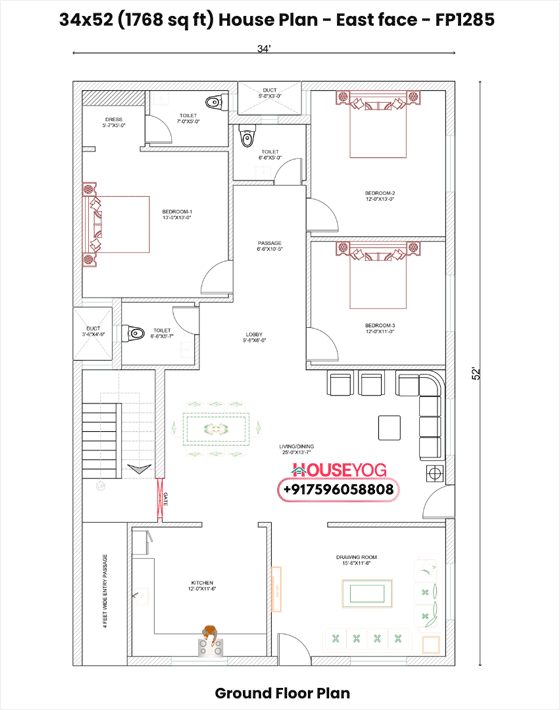 34x52 East Facing 4 BHK House Plan - Spacious Single Floor Design with Big Hall & Living (1768 Sq Ft)