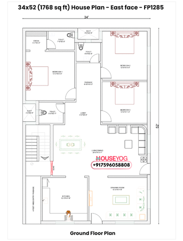 34x52 Single Floor 3 BHK East Facing Indian House Plan