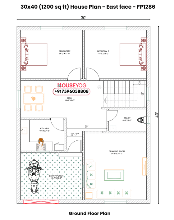 30x40 East Facing 3 BHK House Plan with Open Porch - Village Style Layout (1200 Sq Ft)
