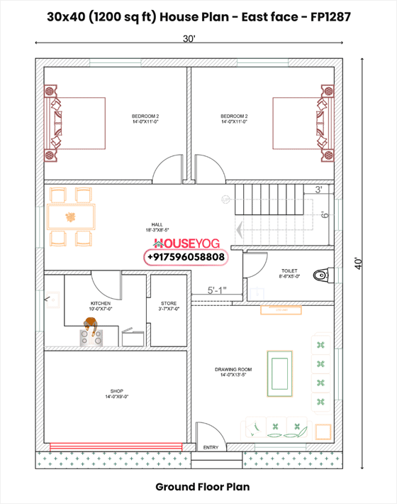 30x40 East Facing 2BHK House Plan with Shop (1200 Sq Ft)