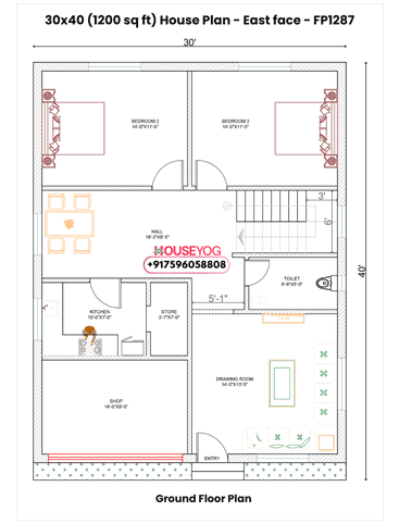 30x40 East Facing 2BHK House Plan with Shop (1200 Sq Ft)