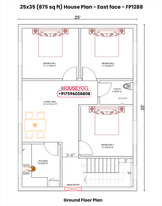 25x35 East Facing House Plan – 3BHK Compact Layout with Front Stairs (875 sq ft)