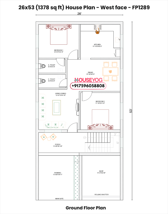 26x53 West Facing 2BHK House Plan with Shop & Car Parking