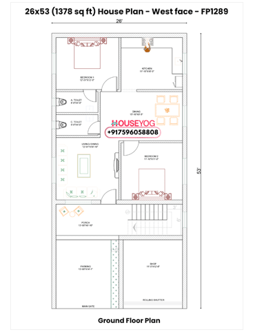 26x53 Single Floor 2 BHK West Facing Indian House Plan
