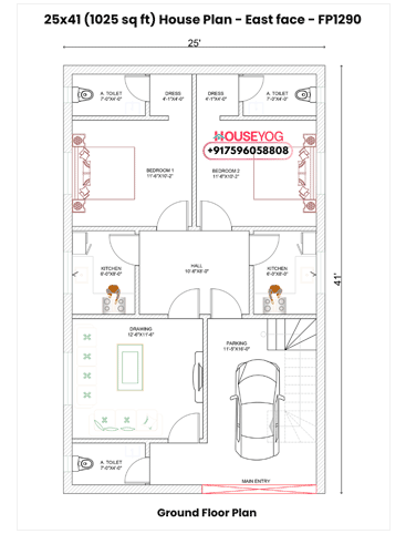 25x41 East Facing 2BHK House Plan with 2 Kitchens & 3 Bathrooms (Guest Room + Parking)