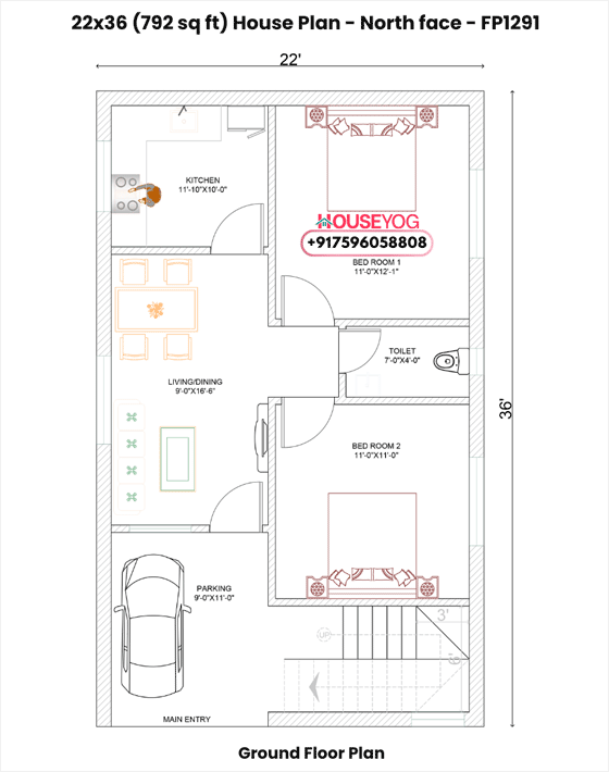 22x36 North Facing 2BHK House Plan with Parking & Separate Stairs (792 Sq Ft)
