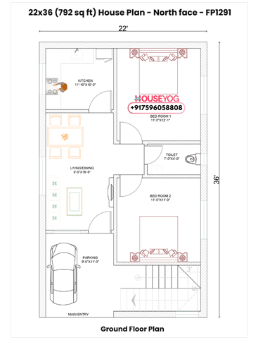 22x36 North Facing 2BHK House Plan with Parking & Separate Stairs (792 Sq Ft)