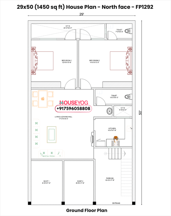 29x50 North Facing 2BHK House Plan with 2 Shops & Car Parking (1450 Sq Ft)