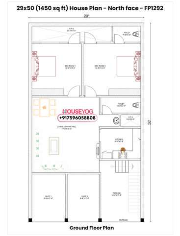 29x50 North Facing 2BHK House Plan with 2 Shops & Car Parking (1450 Sq Ft)