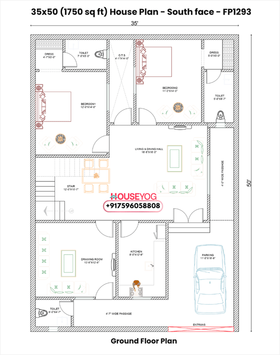 35x50 South Facing 3 BHK House Plan with Car Parking - 1750 Sq Ft Single Floor Design