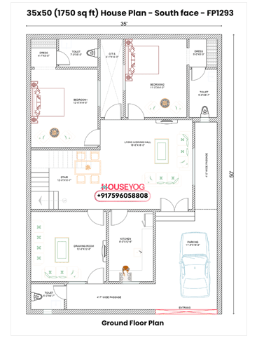35x50 South Facing 3 BHK House Plan with Car Parking - 1750 Sq Ft Single Floor Design