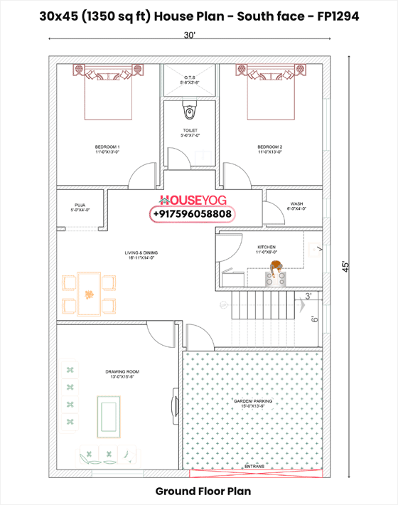 30x45 South Facing 3BHK Village House Plan (1350 Sq Ft) with Drawing Room & Puja Space