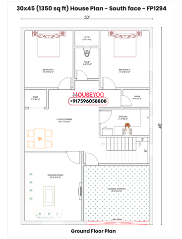 30x45 South Facing 3BHK Village House Plan (1350 Sq Ft) with Drawing Room & Puja Space