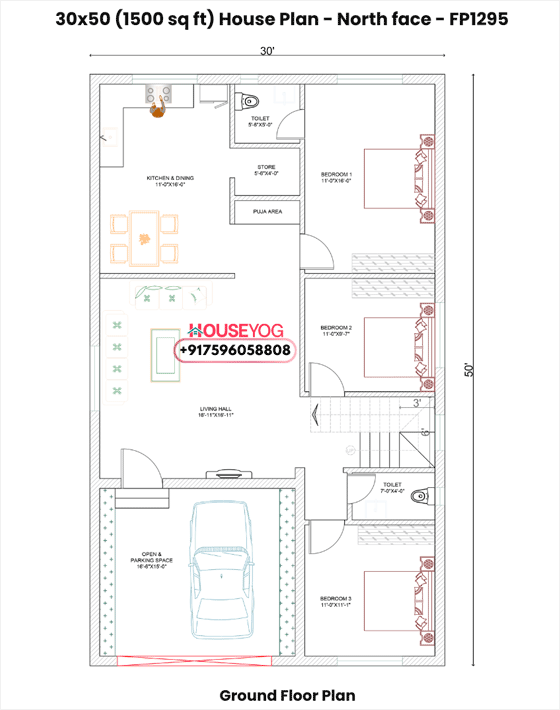 30x50 North Facing 3BHK Village House Plan (1500 Sq Ft) with Parking & Store Room