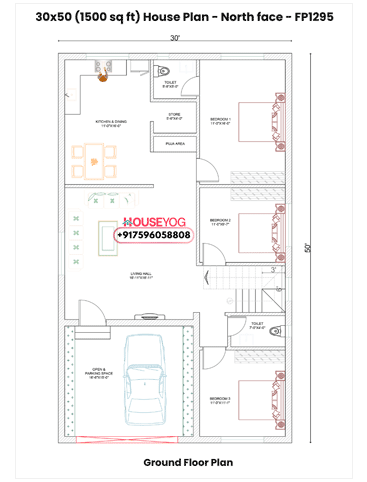 30x50 North Facing 3BHK Village House Plan (1500 Sq Ft) with Parking & Store Room