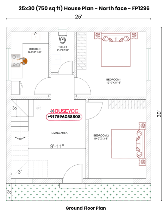 25x30 North Facing 2BHK Small Budget House Plan (750 Sq Ft Single Floor Layout)