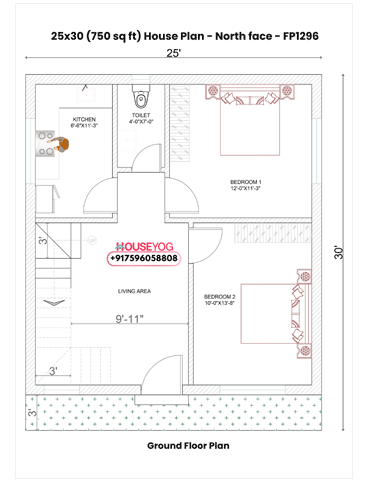 25x30 North Facing 2BHK Small Budget House Plan (750 Sq Ft Single Floor Layout)