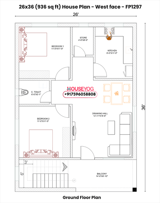 26x36 West Facing 2 BHK House Plan – 936 Sq Ft Single Floor Village Home Design with Porch & Store Room