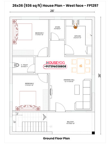 26x36 West Facing 2 BHK House Plan – 936 Sq Ft Single Floor Village Home Design with Porch & Store Room