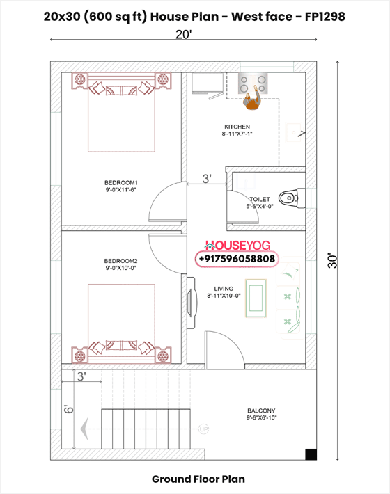 20x30 West Facing 2 BHK House Plan – 600 Sq Ft Budget Single Floor Home Design