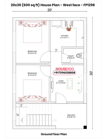 20x30 West Facing 2 BHK House Plan – 600 Sq Ft Budget Single Floor Home Design