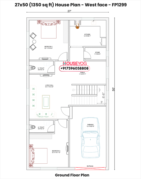 27x50 House Plan with Car Parking - West Facing 2BHK Layout (1350 Sq Ft)