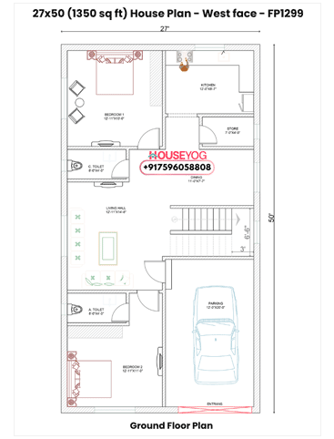 27x50 House Plan with Car Parking - West Facing 2BHK Layout (1350 Sq Ft)
