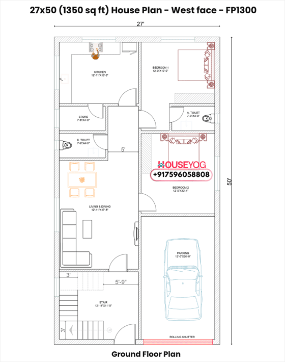 27x50 West Facing 2 BHK House Plan with Store Room and Closed Parking (1350 Sq Ft)