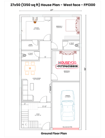 27x50 West Facing 2 BHK House Plan with Store Room and Closed Parking (1350 Sq Ft)