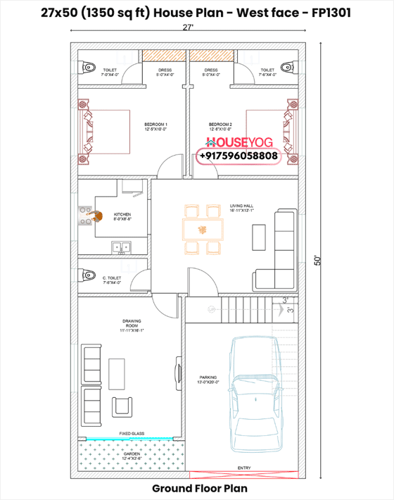 27x50 House Plan West Facing - Spacious 3 BHK Design on 1350 Sq Ft with Drawing Room, Parking, Garden and Living Hall