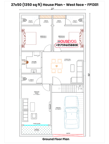 27x50 House Plan West Facing - Spacious 3 BHK Design on 1350 Sq Ft with Drawing Room, Parking, Garden and Living Hall