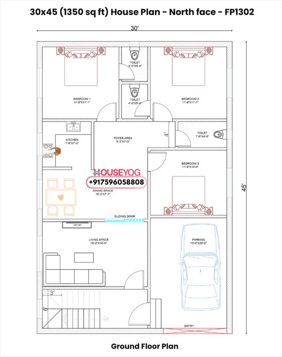 30x45 North Facing 3 BHK House Plan (1350 Sq Ft) with Parking, Separate Living & Dining