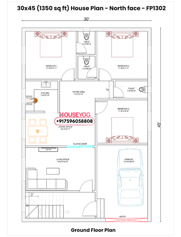 30x45 North Facing 3 BHK House Plan (1350 Sq Ft) with Parking, Separate Living & Dining