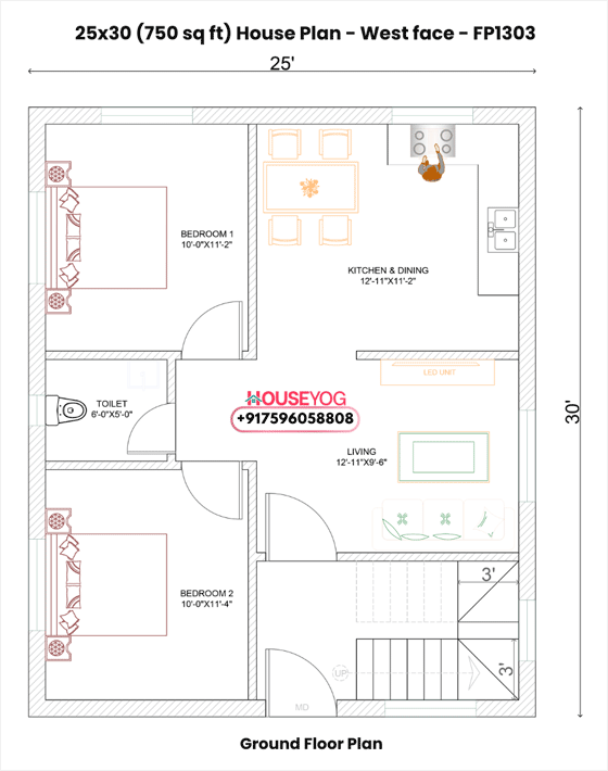 25x30 West Facing 2 BHK House Plan (750 Sq Ft) with Spacious Kitchen & Living Hall