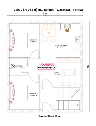 25x30 West Facing 2 BHK House Plan (750 Sq Ft) with Spacious Kitchen & Living Hall
