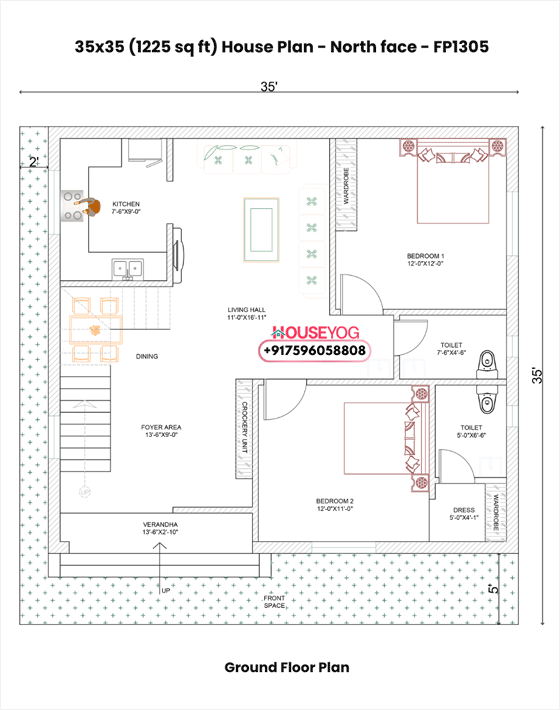 35x35 North Facing House Plan – Spacious 2 BHK Duplex Layout on 1225 Sq Ft Plot