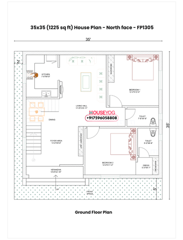 35x35 North Facing House Plan – Spacious 2 BHK Duplex Layout on 1225 Sq Ft Plot